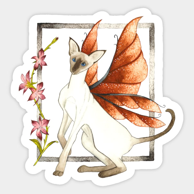 Perplexed - Siamese Fairy Cat with Floral Border Sticker by serenstar75